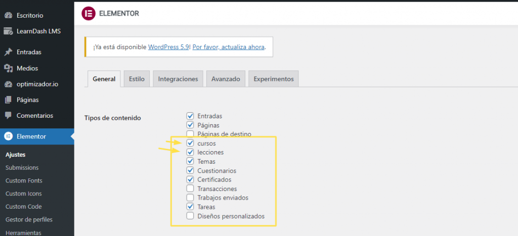 ajustes-elementor-learndash